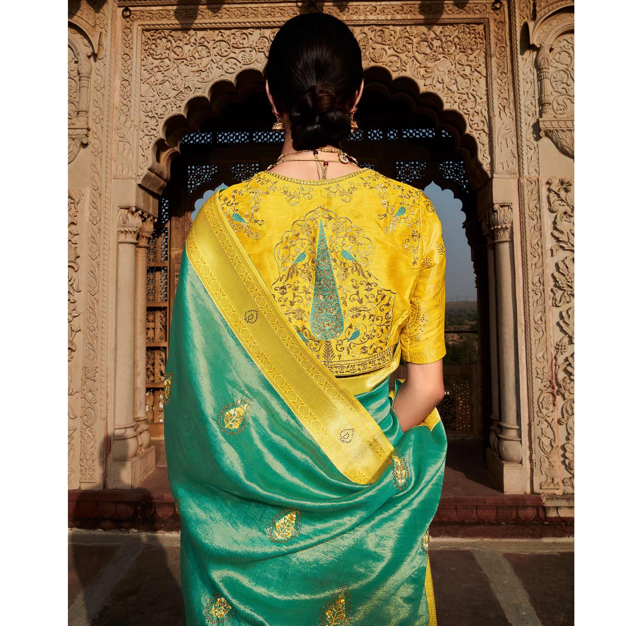 Turquoise Green Festive Wear Woven Silk Saree - Peachmode
