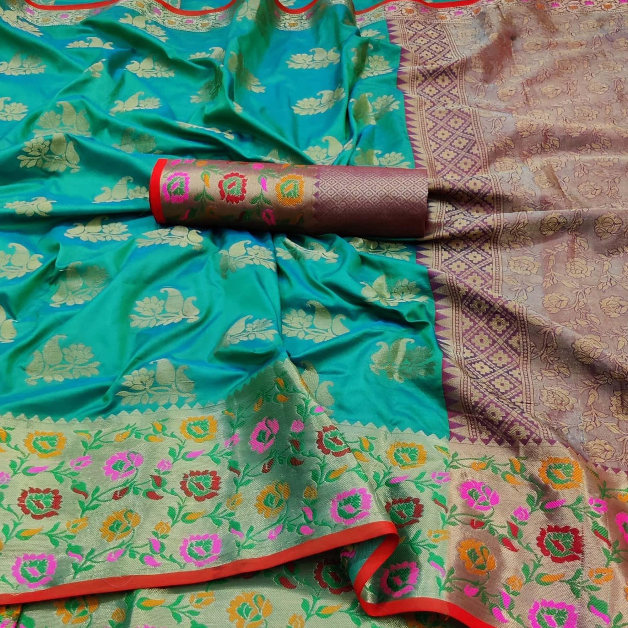 Turquoise Green Festive Wear Woven Silk Saree With Border - Peachmode