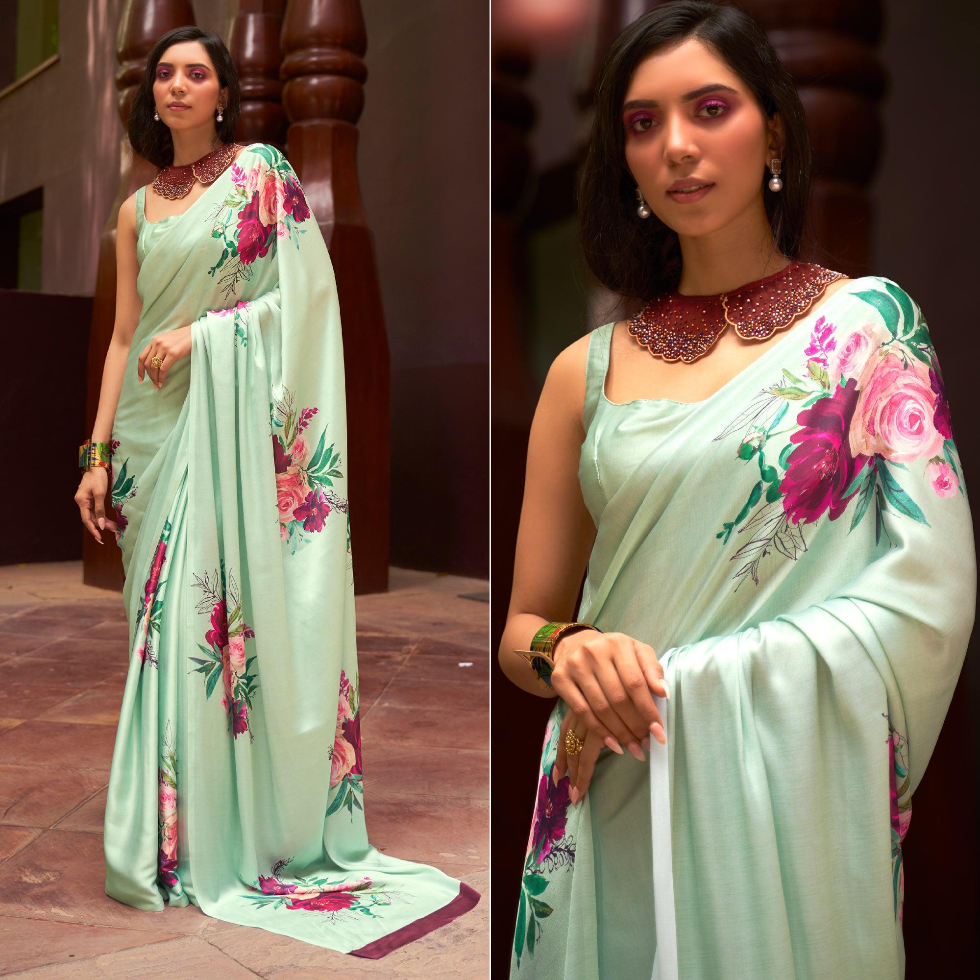 Turquoise Green Floral Digital Printed Satin Saree - Peachmode
