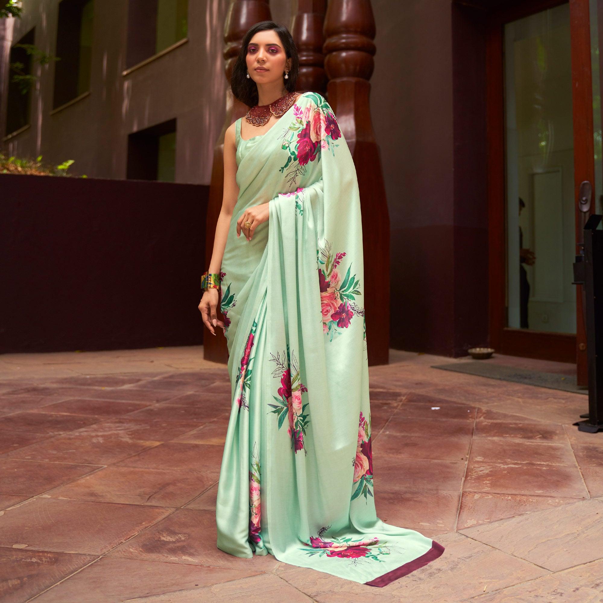 Turquoise Green Floral Digital Printed Satin Saree - Peachmode