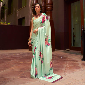 Turquoise Green Floral Digital Printed Satin Saree - Peachmode