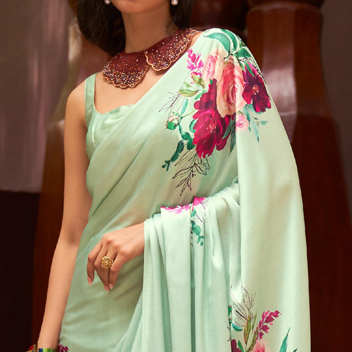 Turquoise Green Floral Digital Printed Satin Saree - Peachmode