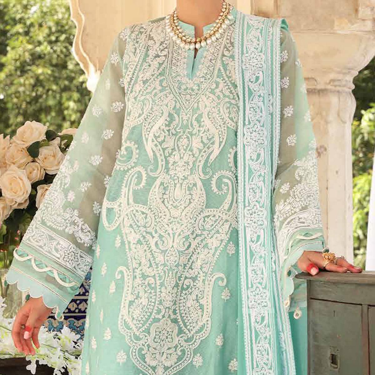Turquoise Green Partywear Embroidered Pure Jam Cotton Pakistani Suit - Peachmode