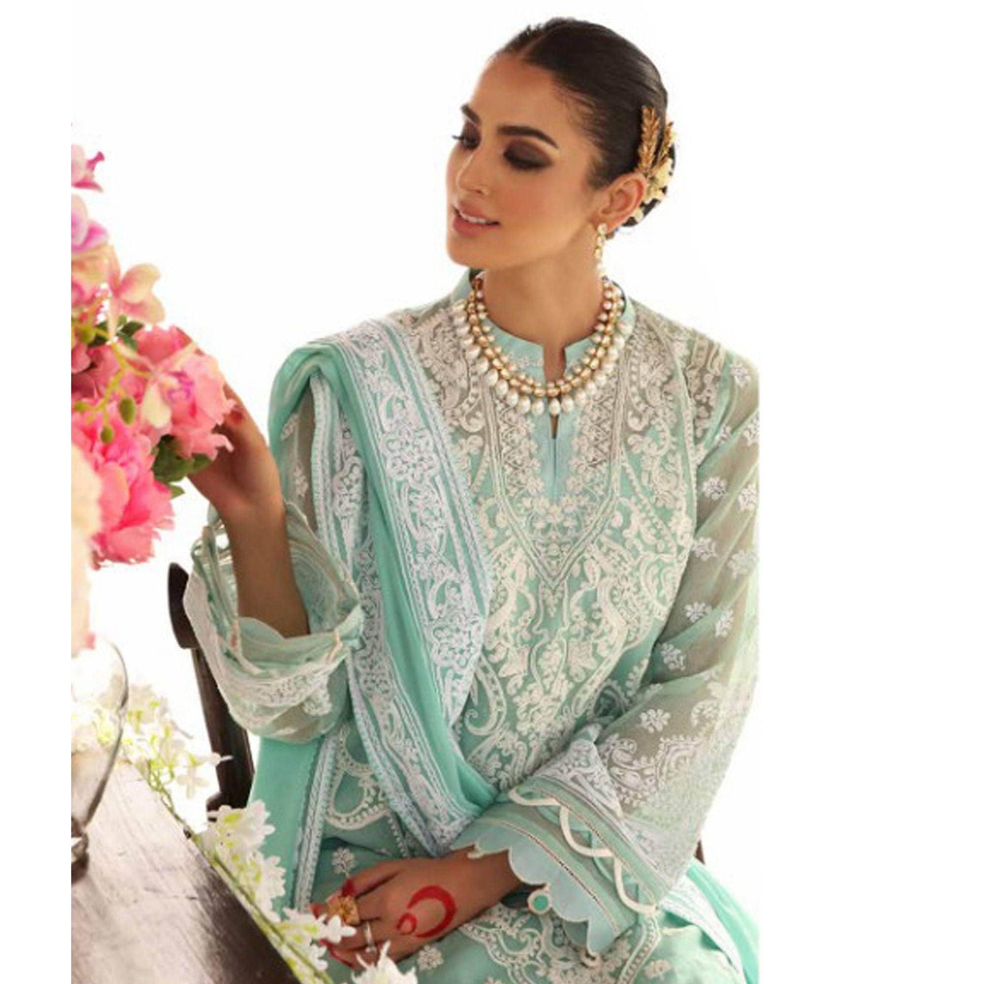 Turquoise Green Partywear Embroidered Pure Jam Cotton Pakistani Suit - Peachmode