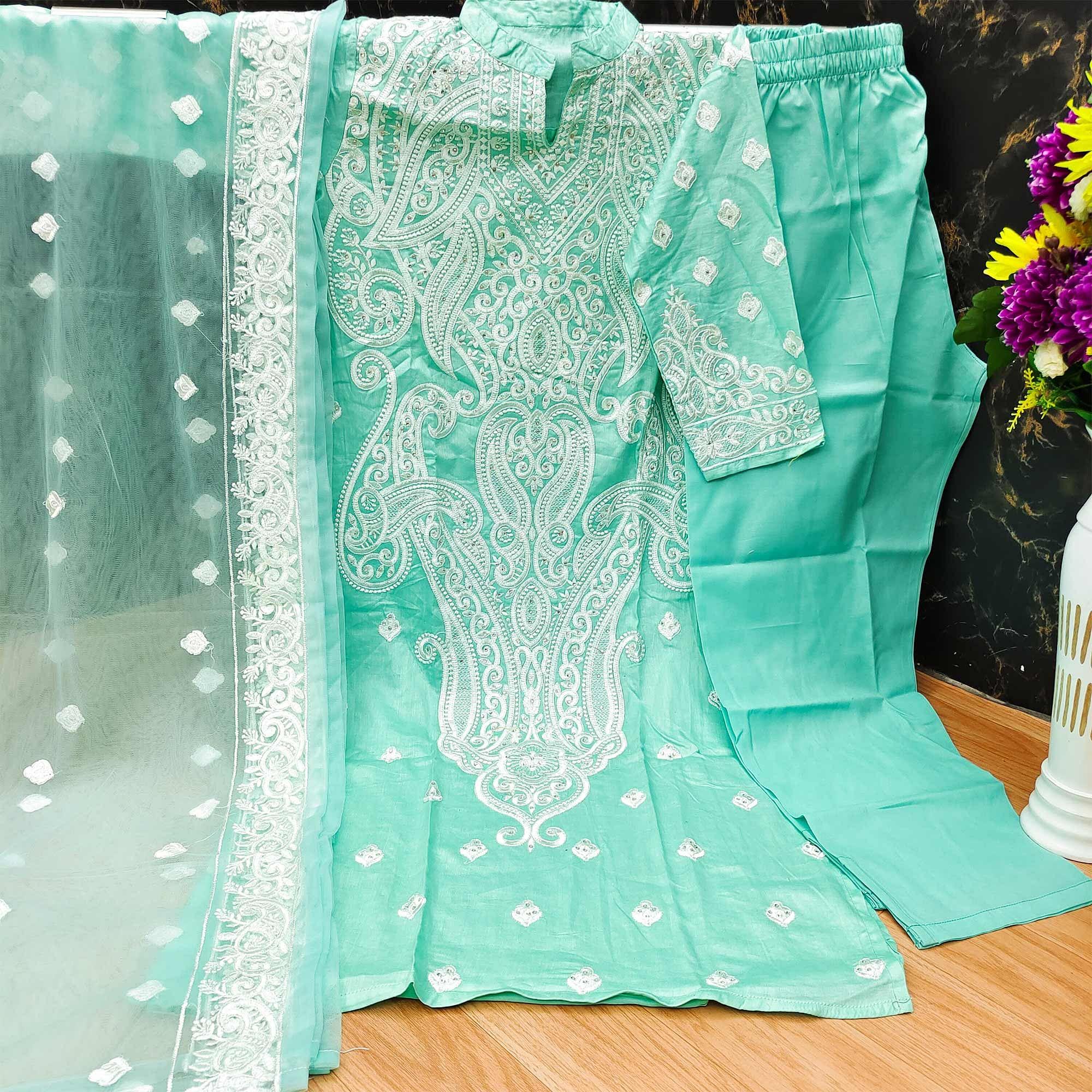 Turquoise Green Partywear Embroidered Pure Jam Cotton Pakistani Suit - Peachmode