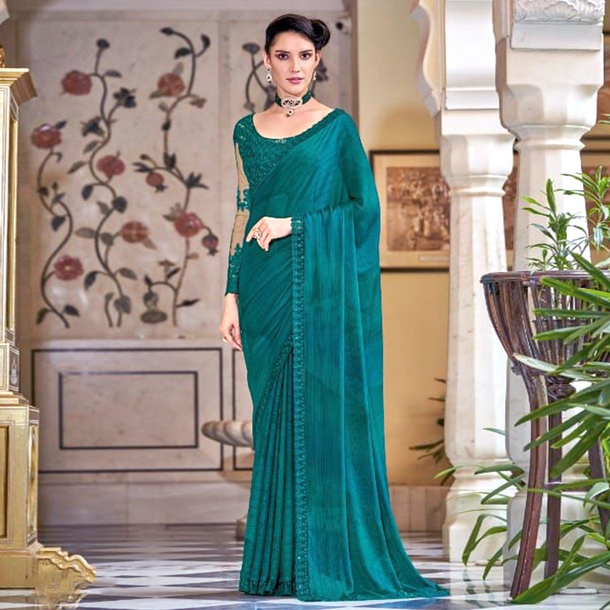 Turquoise Green Solid Art Silk Saree - Peachmode
