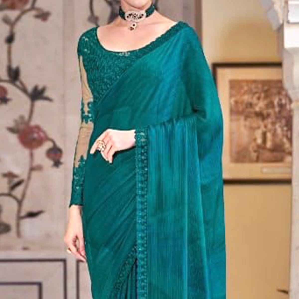 Turquoise Green Solid Art Silk Saree - Peachmode