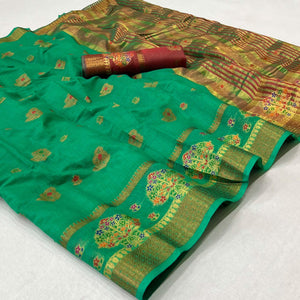Turquoise Green Woven Poly Cotton Saree - Peachmode