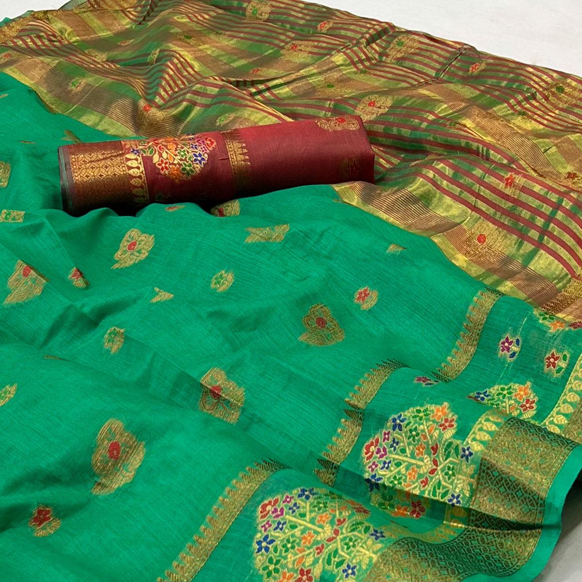 Turquoise Green Woven Poly Cotton Saree - Peachmode