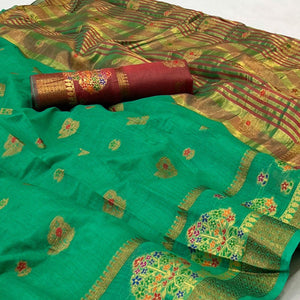 Turquoise Green Woven Poly Cotton Saree - Peachmode