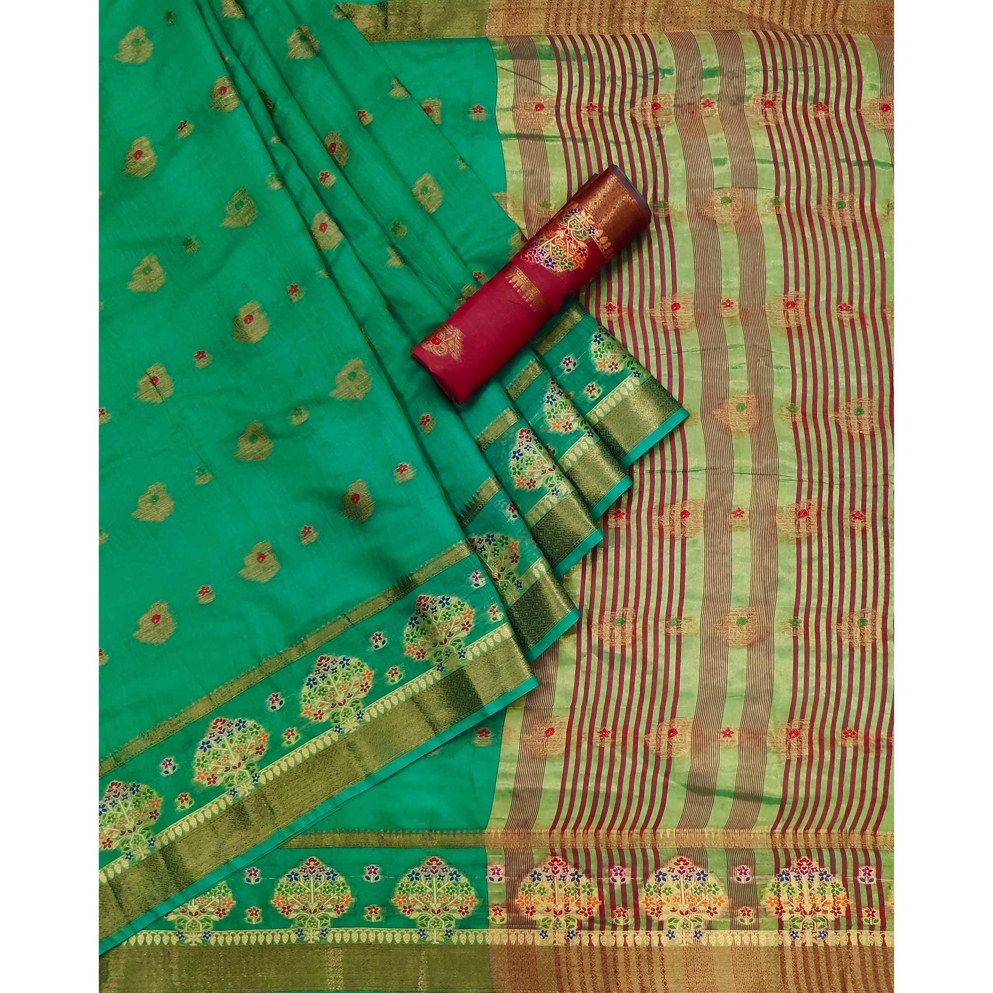 Turquoise Green Woven Poly Cotton Saree - Peachmode