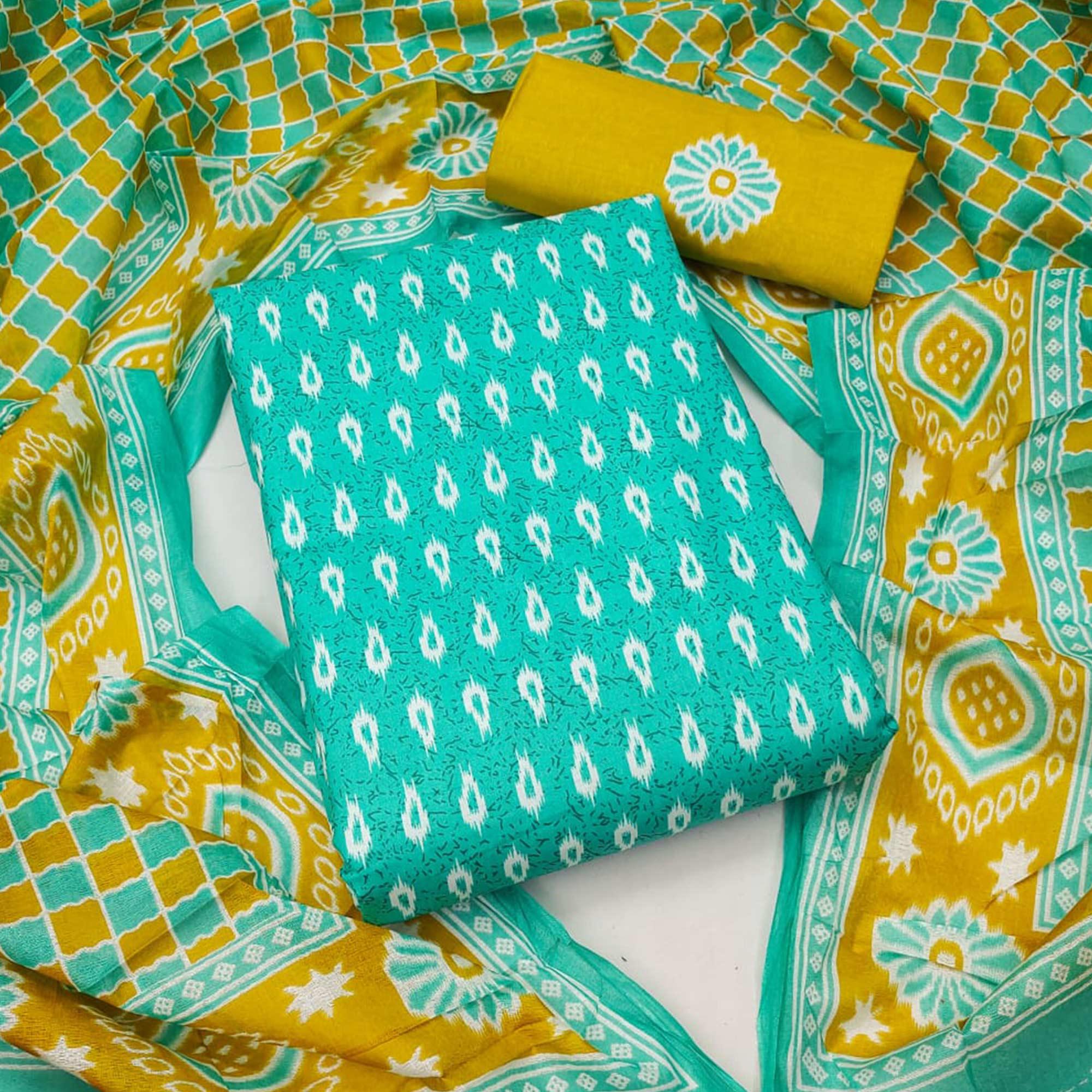 Turquoise Ikkat Printed Pure Cotton Dress Material - Peachmode