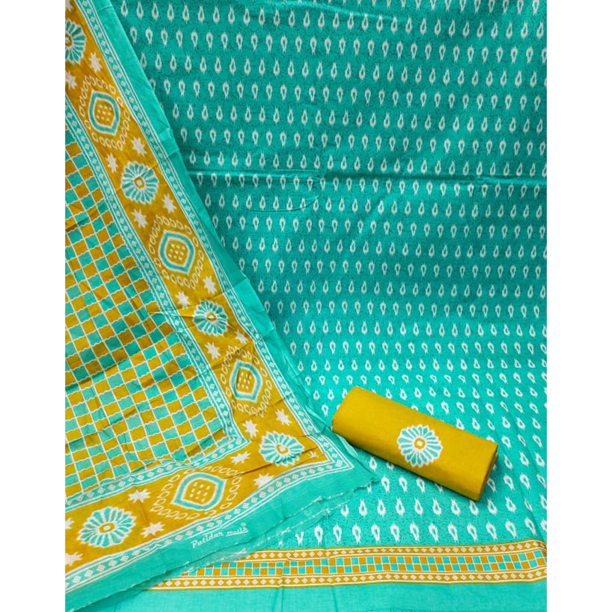 Turquoise Ikkat Printed Pure Cotton Dress Material - Peachmode