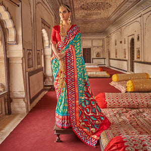 Turquoise Ikkat Printed-Woven Patola Art Silk Saree - Peachmode