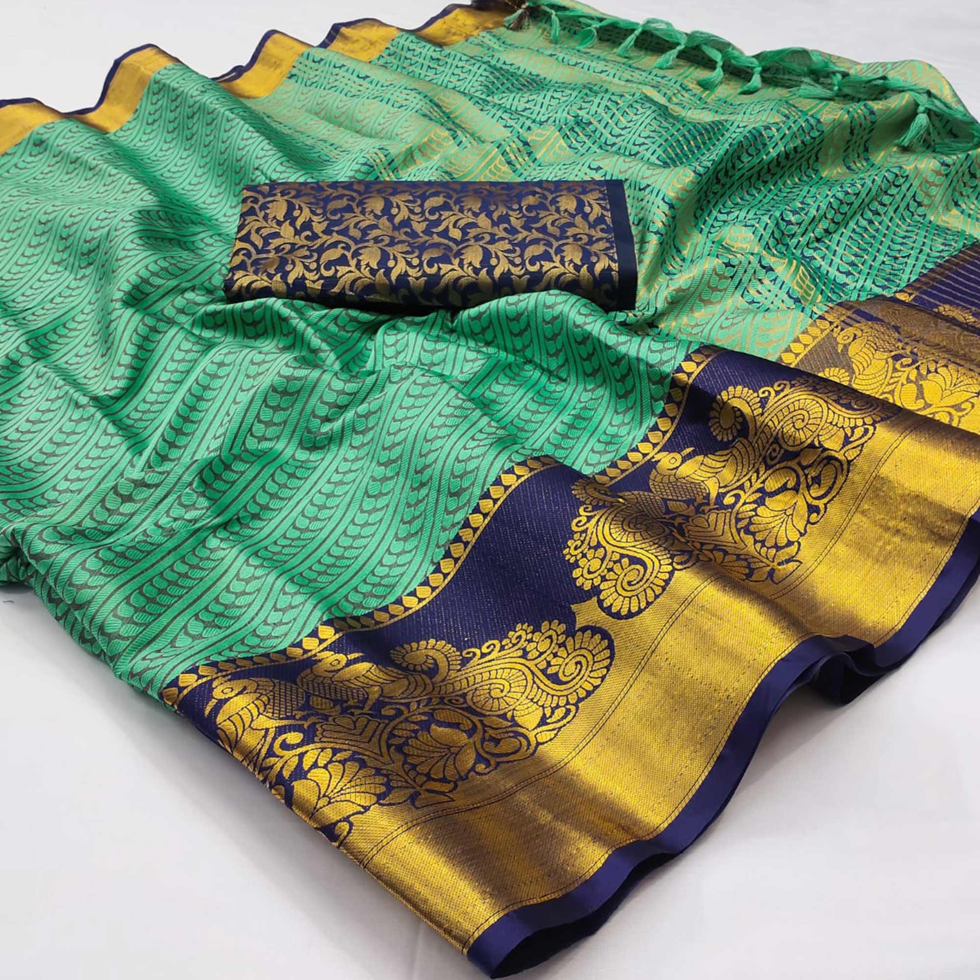 Turquoise Kalamkari Woven Cotton Silk Saree - Peachmode