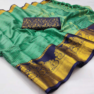 Turquoise Kalamkari Woven Cotton Silk Saree - Peachmode