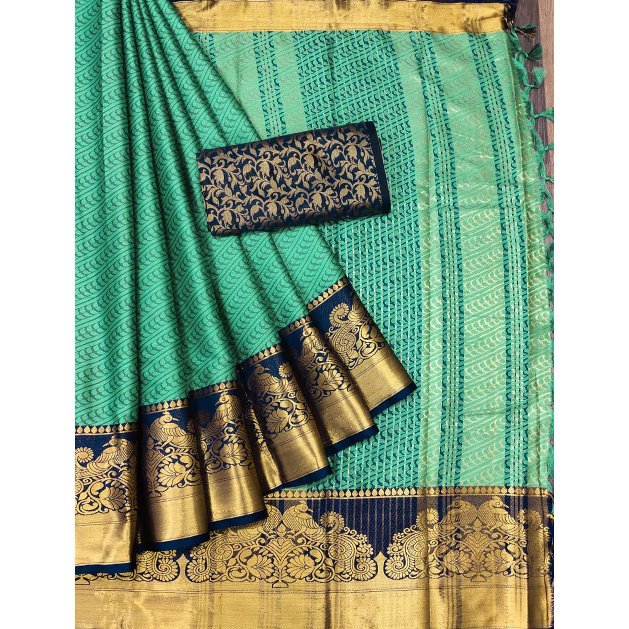 Turquoise Kalamkari Woven Cotton Silk Saree - Peachmode