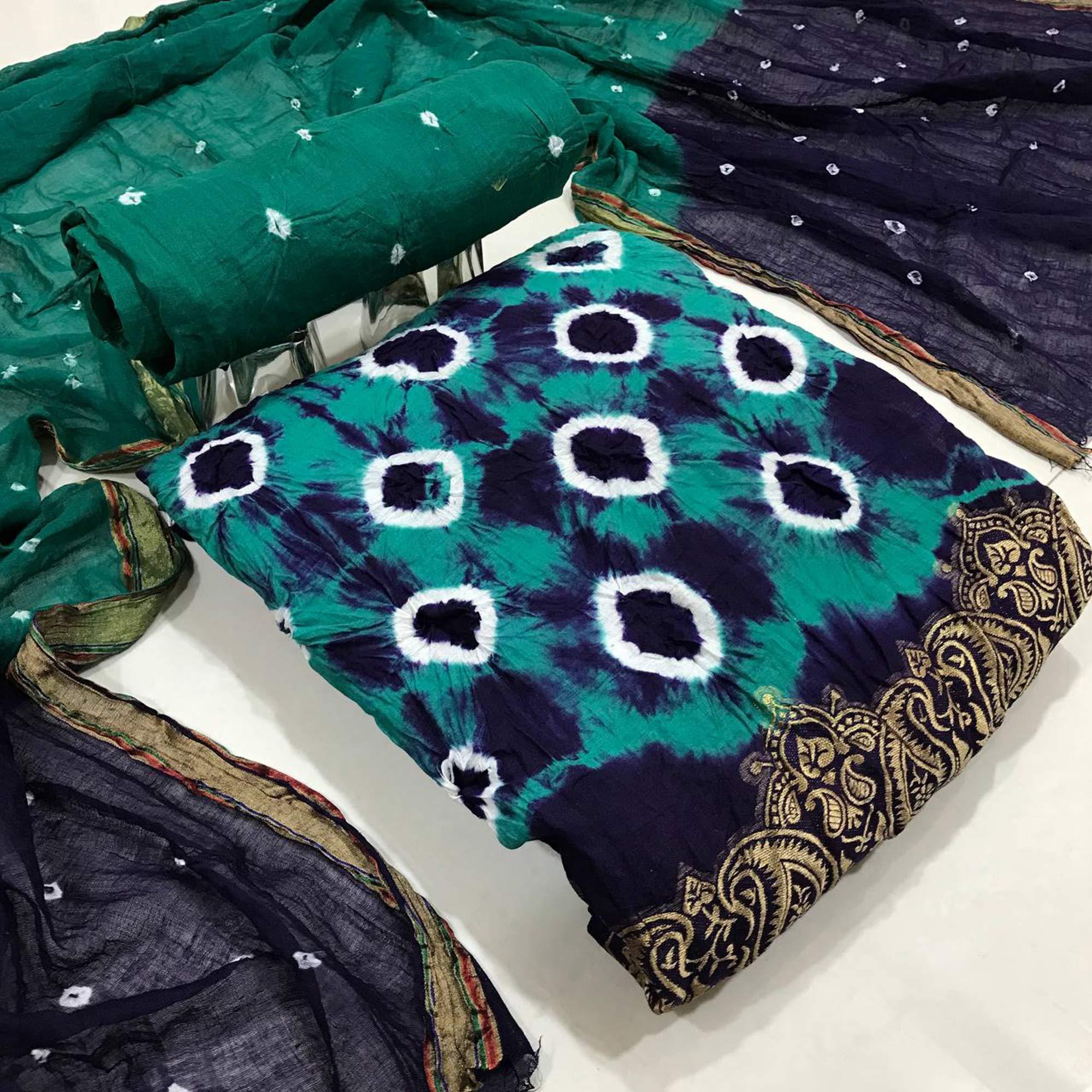 Turquoise-Navy Blue Bandhani Printed Pure Cotton Dress Material - Peachmode