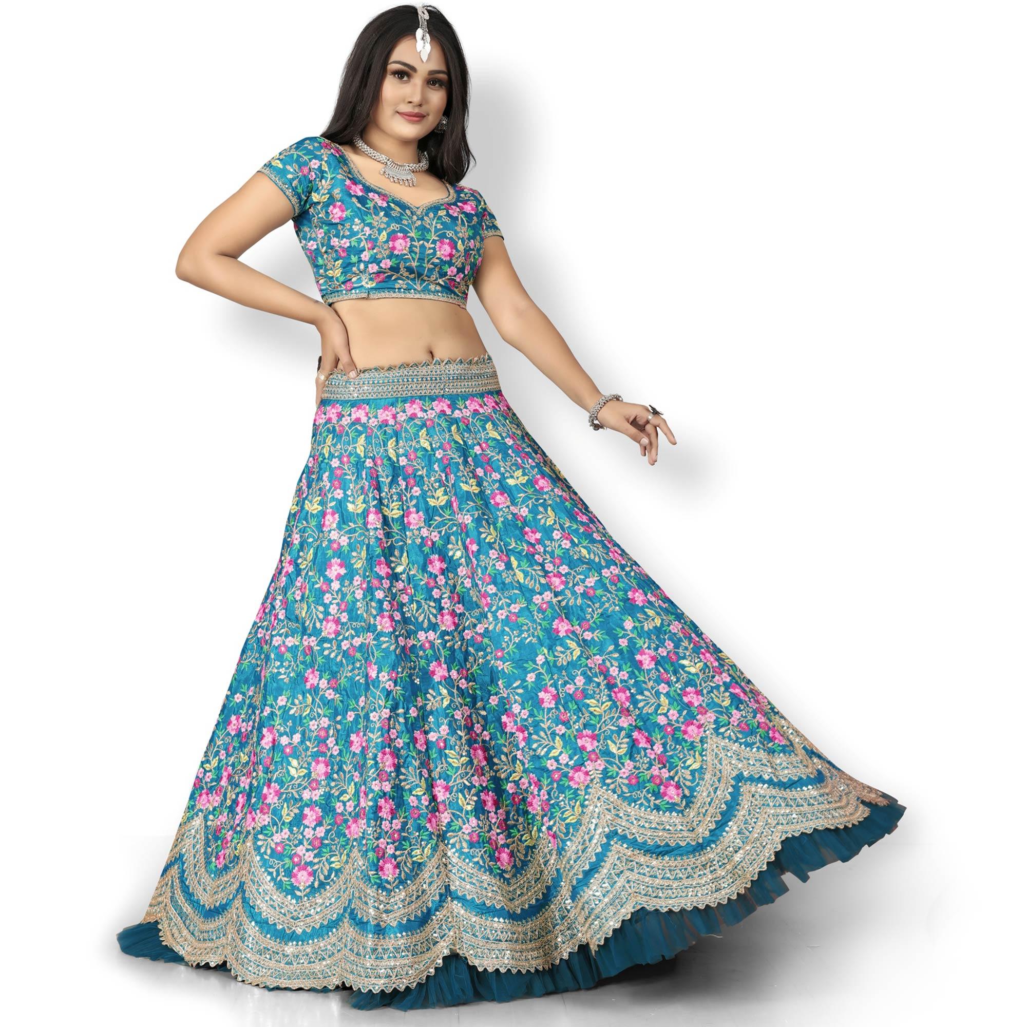Turquoise Party Wear Sequence Embroidered Silk Lehenga Choli - Peachmode