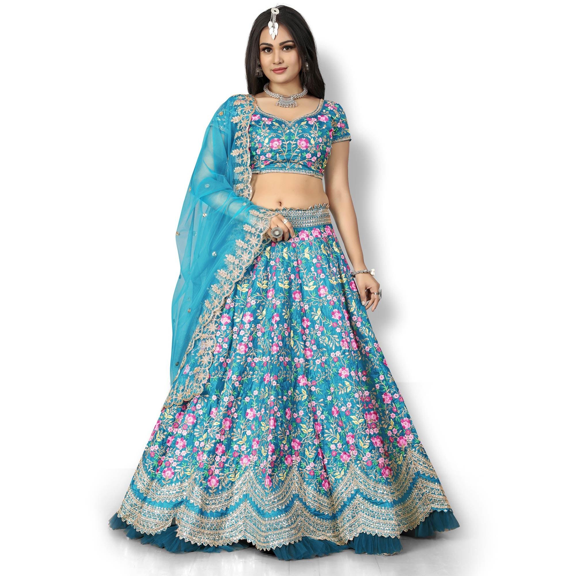 Turquoise Party Wear Sequence Embroidered Silk Lehenga Choli - Peachmode