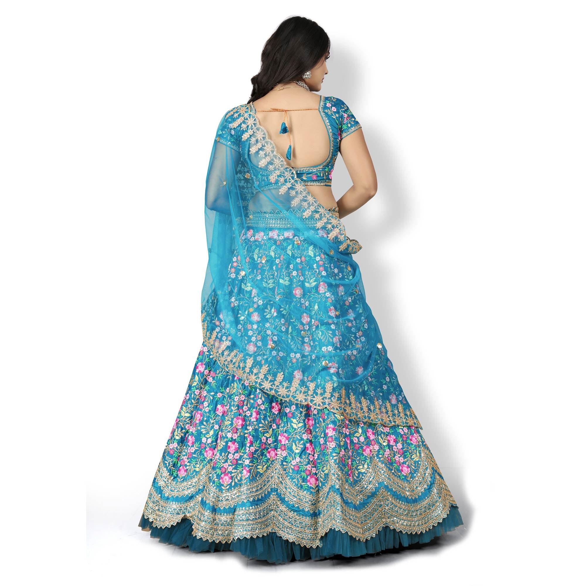 Turquoise Party Wear Sequence Embroidered Silk Lehenga Choli - Peachmode