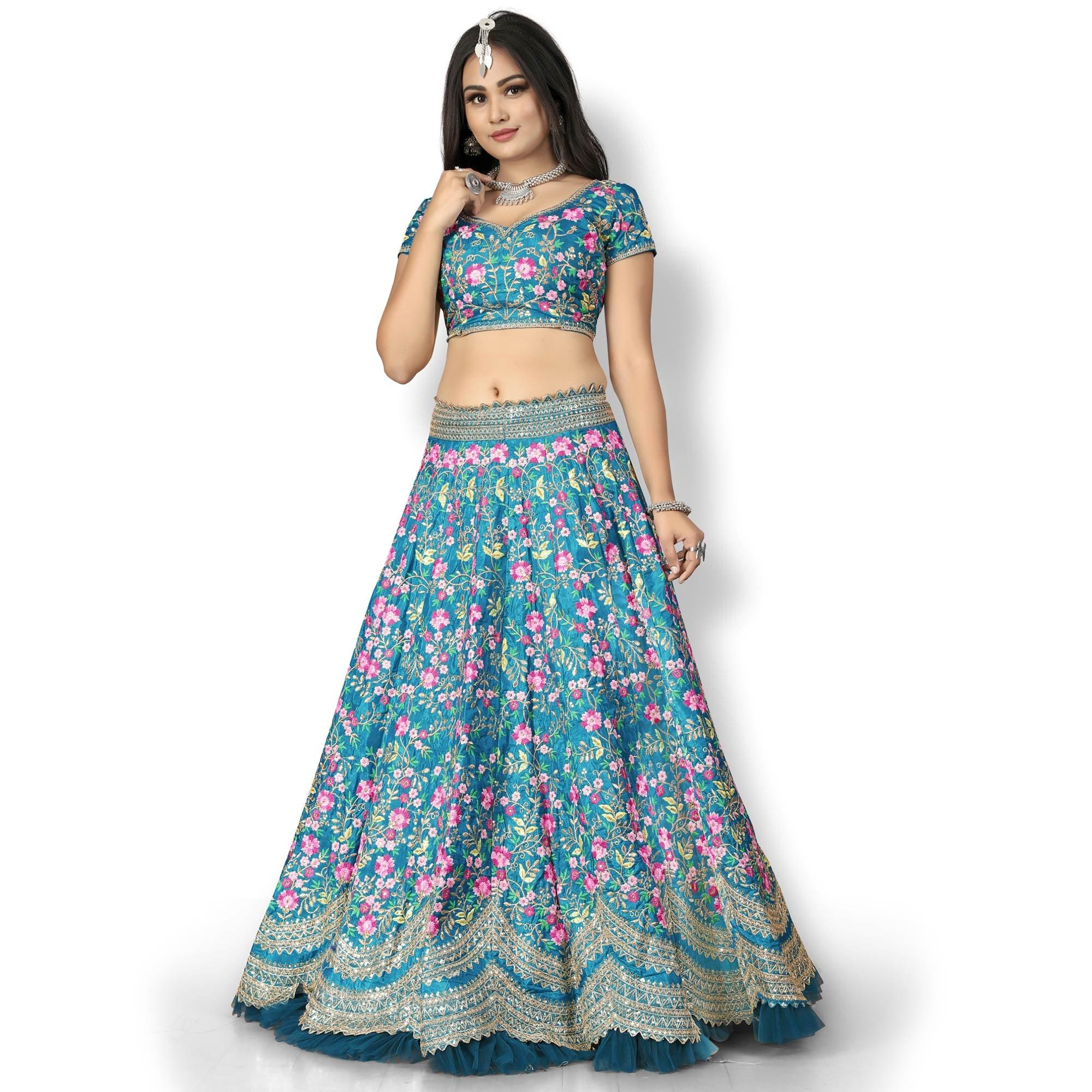Turquoise Party Wear Sequence Embroidered Silk Lehenga Choli - Peachmode