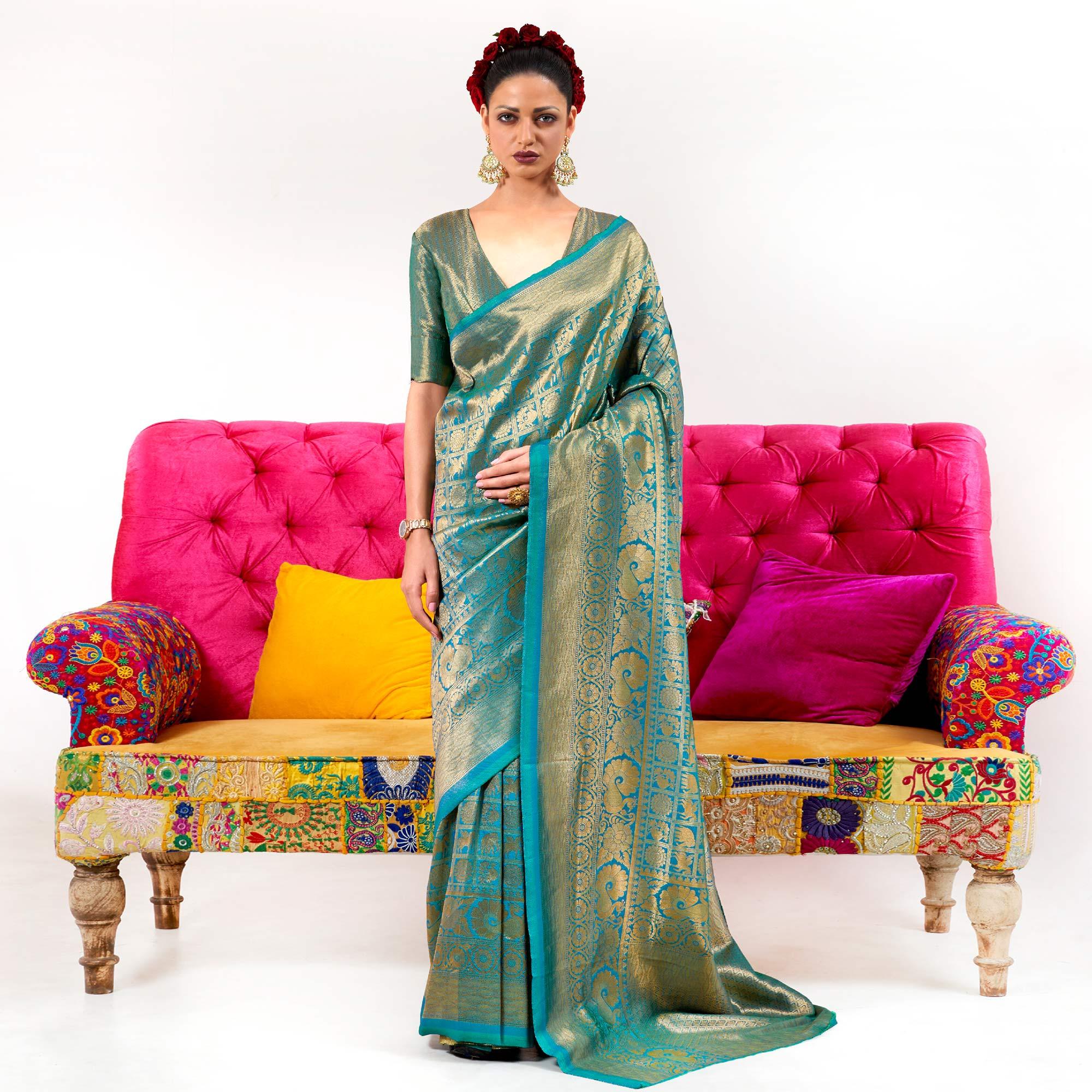 Turquoise Partywear Banarasi Woven Silk Saree - Peachmode