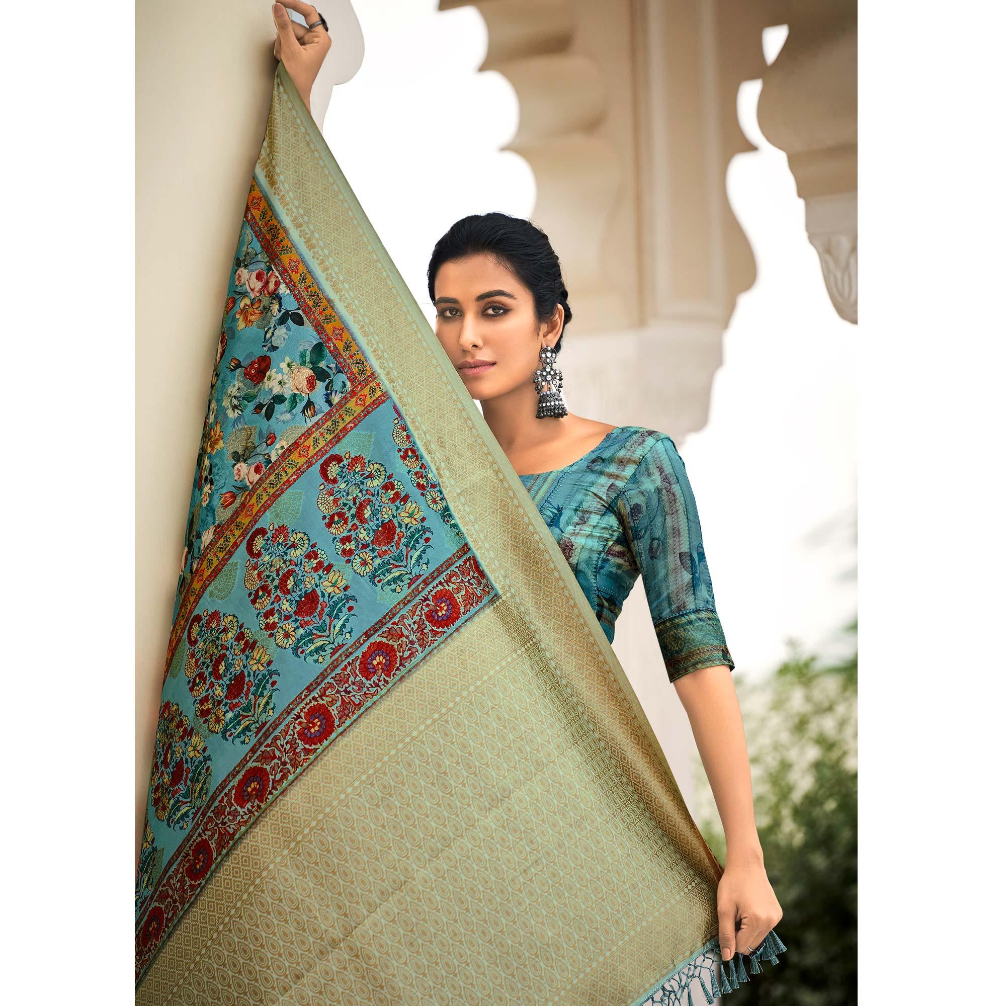 Turquoise Partywear Digital Printed Silk Saree - Peachmode