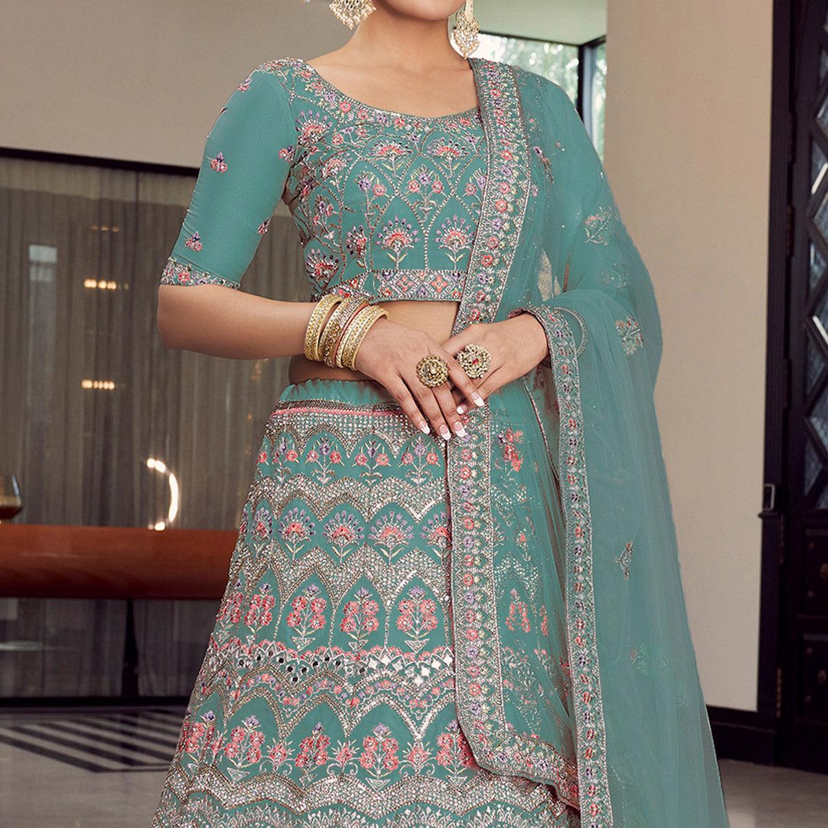 Turquoise Partywear Embellished Organza Lehenga Choli - Peachmode