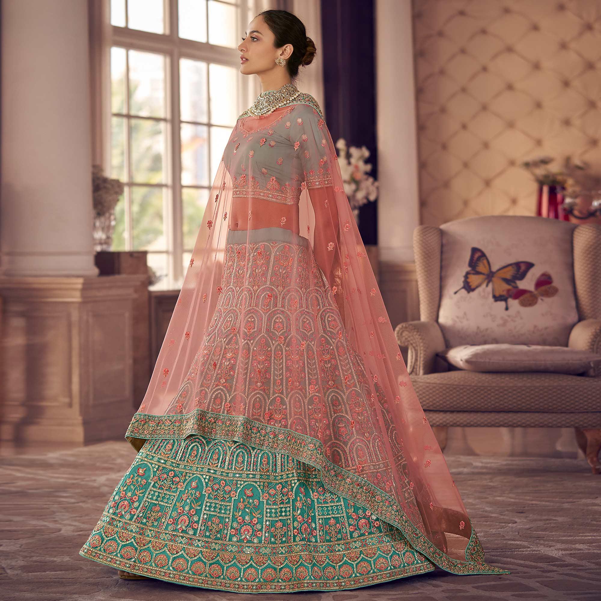 Turquoise Partywear Embroidered Organza Lehenga Choli - Peachmode