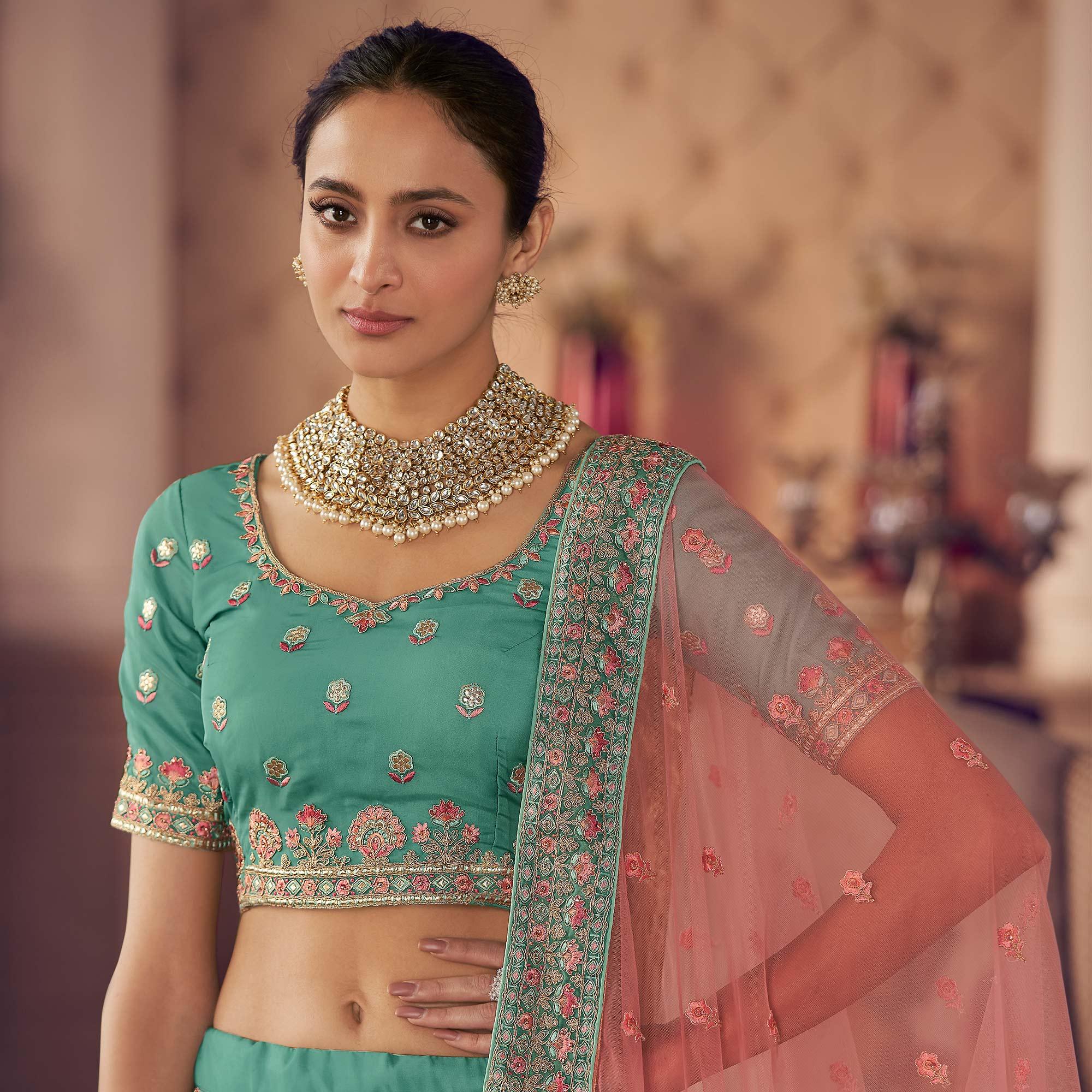 Turquoise Partywear Embroidered Organza Lehenga Choli - Peachmode
