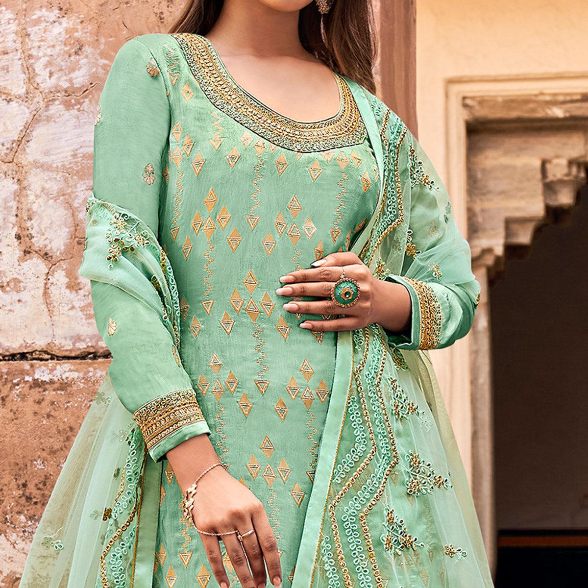 Turquoise Partywear Embroidered With Stone Work Dola Jacquard Palazzo Suit - Peachmode