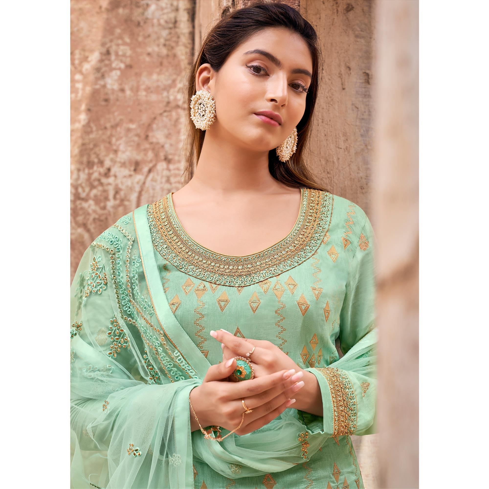 Turquoise Partywear Embroidered With Stone Work Dola Jacquard Palazzo Suit - Peachmode