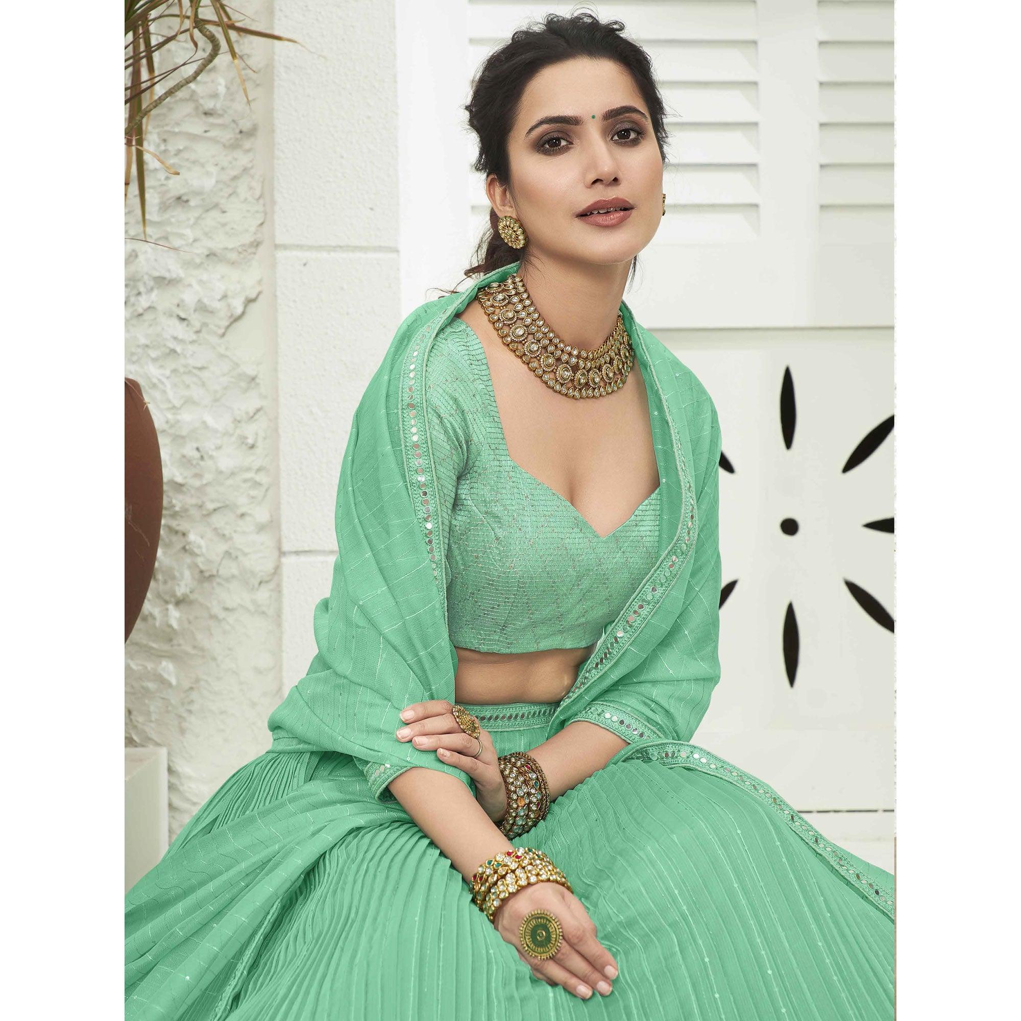 Turquoise Partywear Zari Sequence Embroidered Organza Lehenga Choli - Peachmode