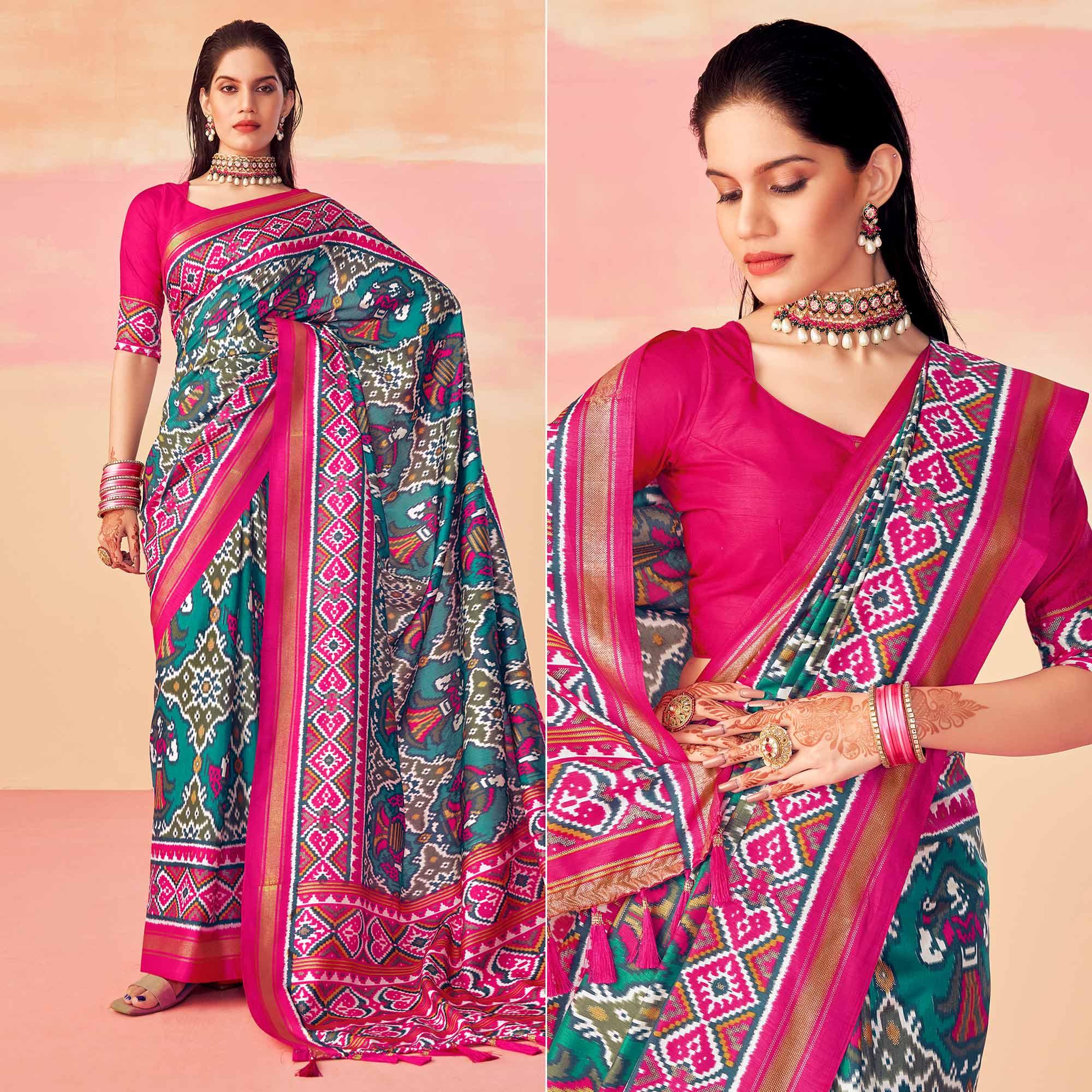 Turquoise Patola Printed Art Silk Saree With Tassels - Peachmode