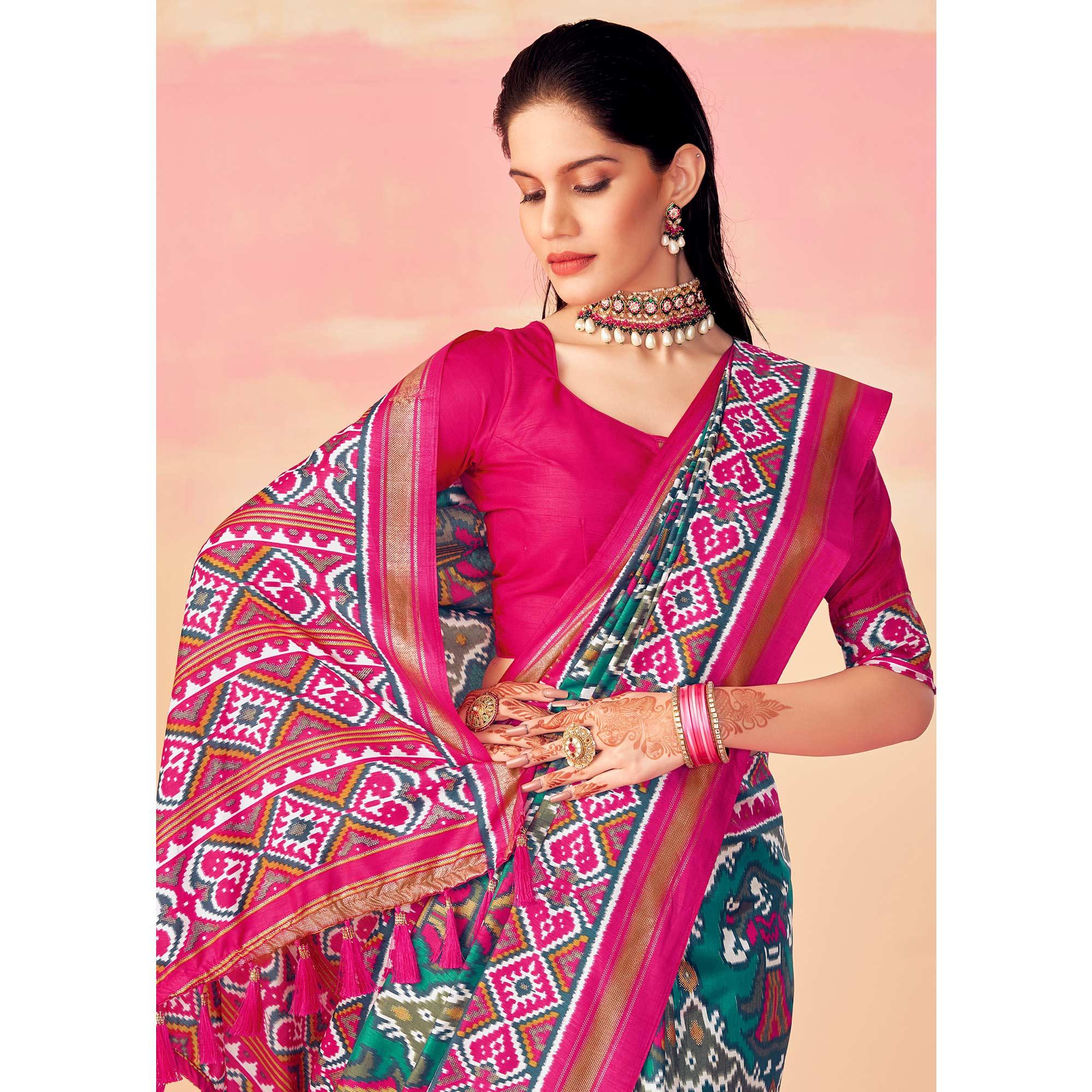 Turquoise Patola Printed Art Silk Saree With Tassels - Peachmode