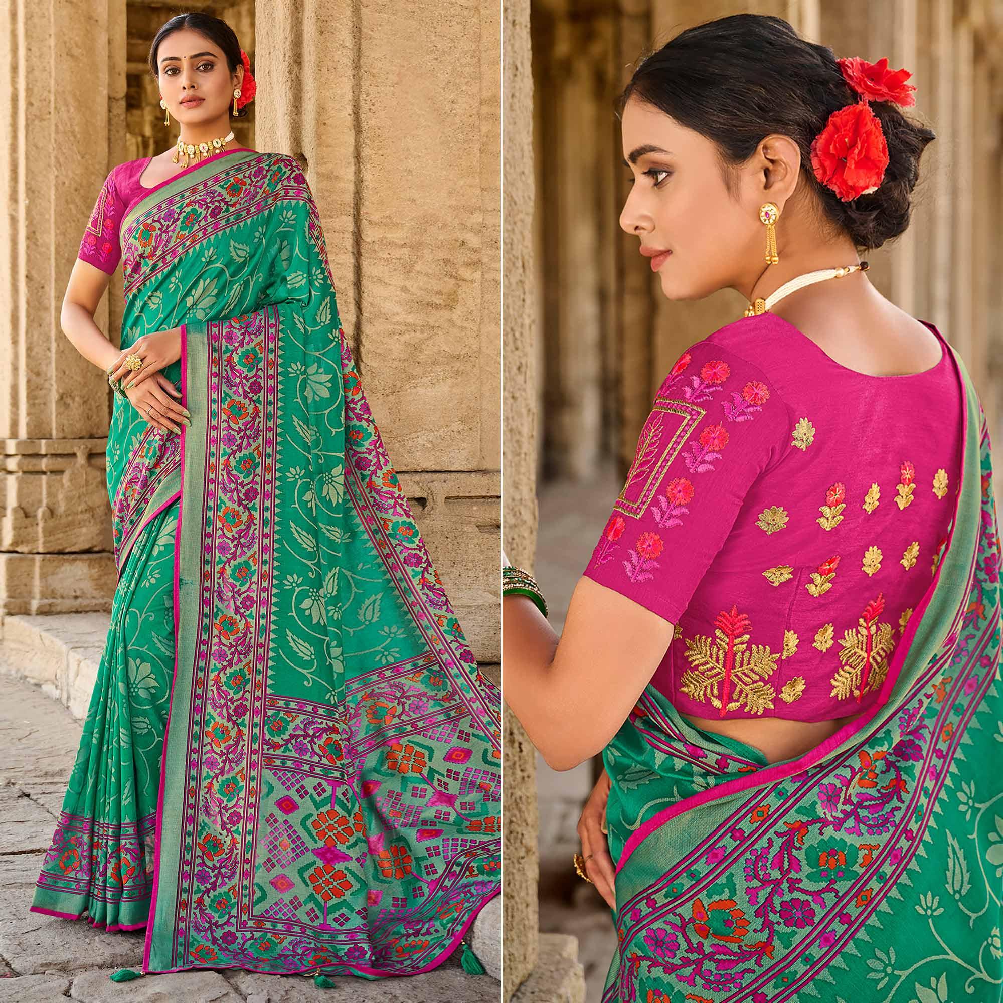 Turquoise Printed Art Silk Saree With Tassels - Peachmode