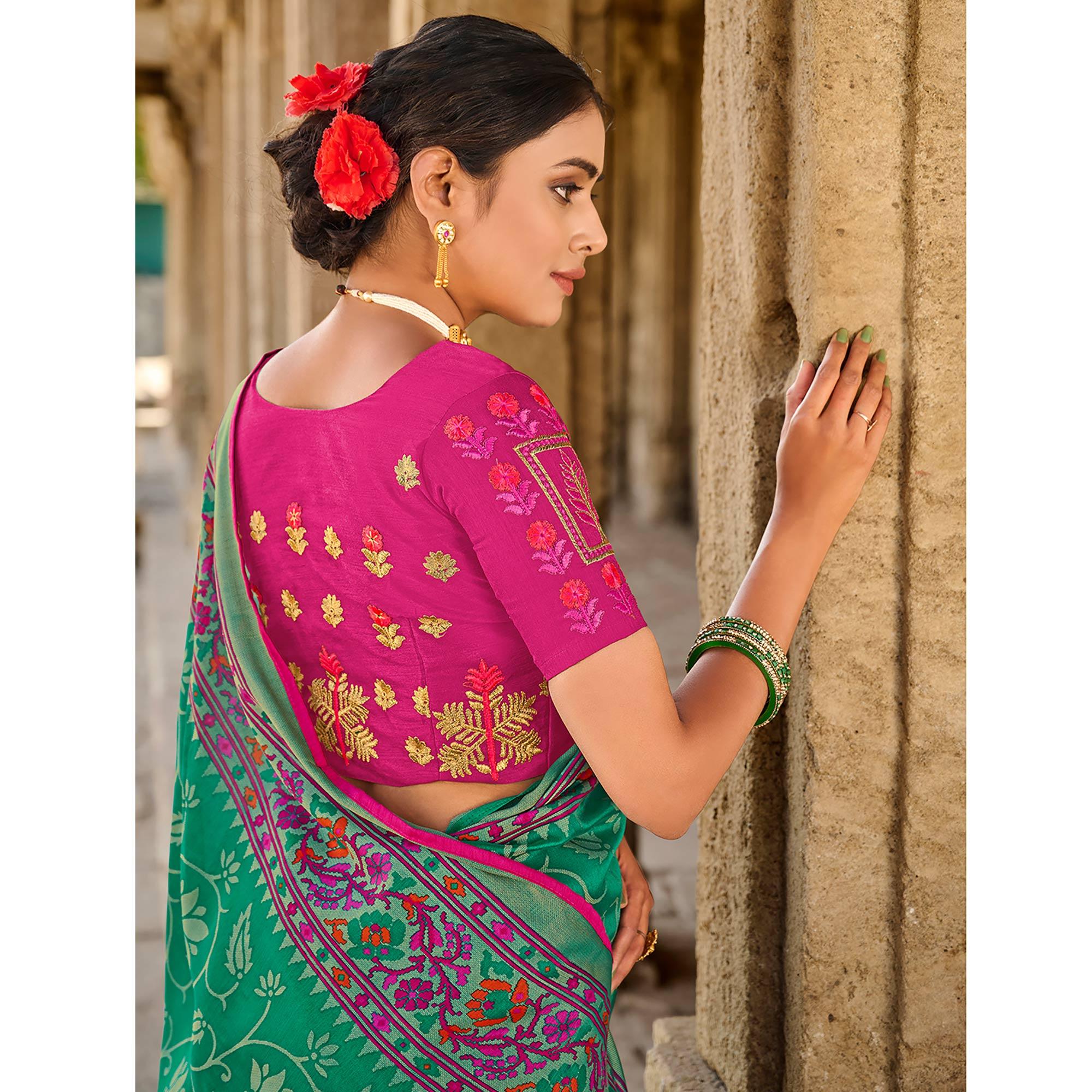 Turquoise Printed Art Silk Saree With Tassels - Peachmode