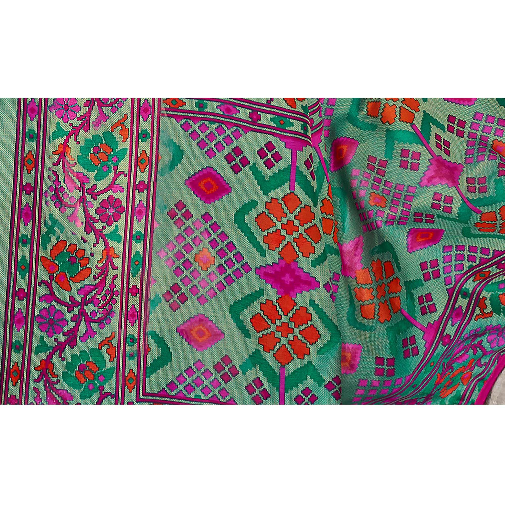 Turquoise Printed Art Silk Saree With Tassels - Peachmode