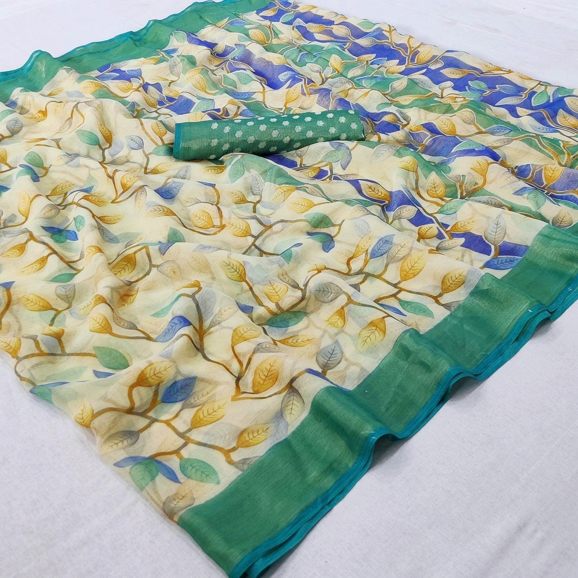 Turquoise Printed Chiffon Saree - Peachmode