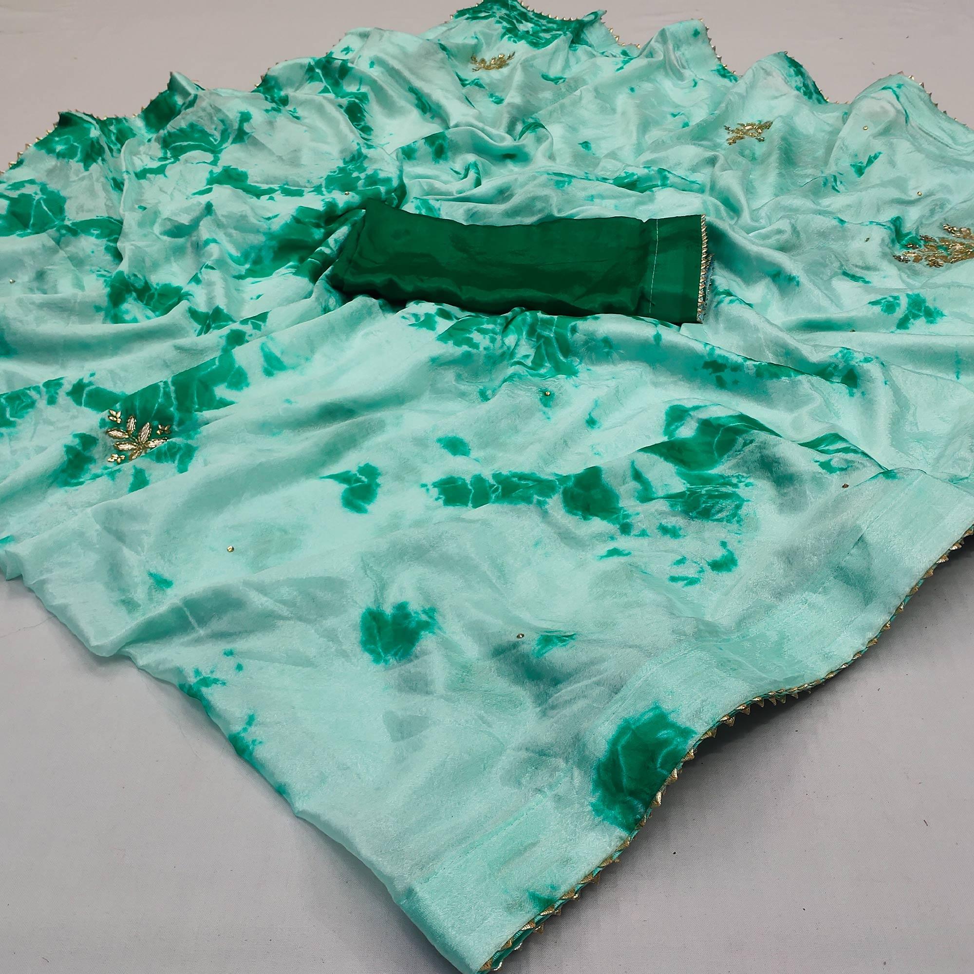 Turquoise Printed Chiffon Saree - Peachmode