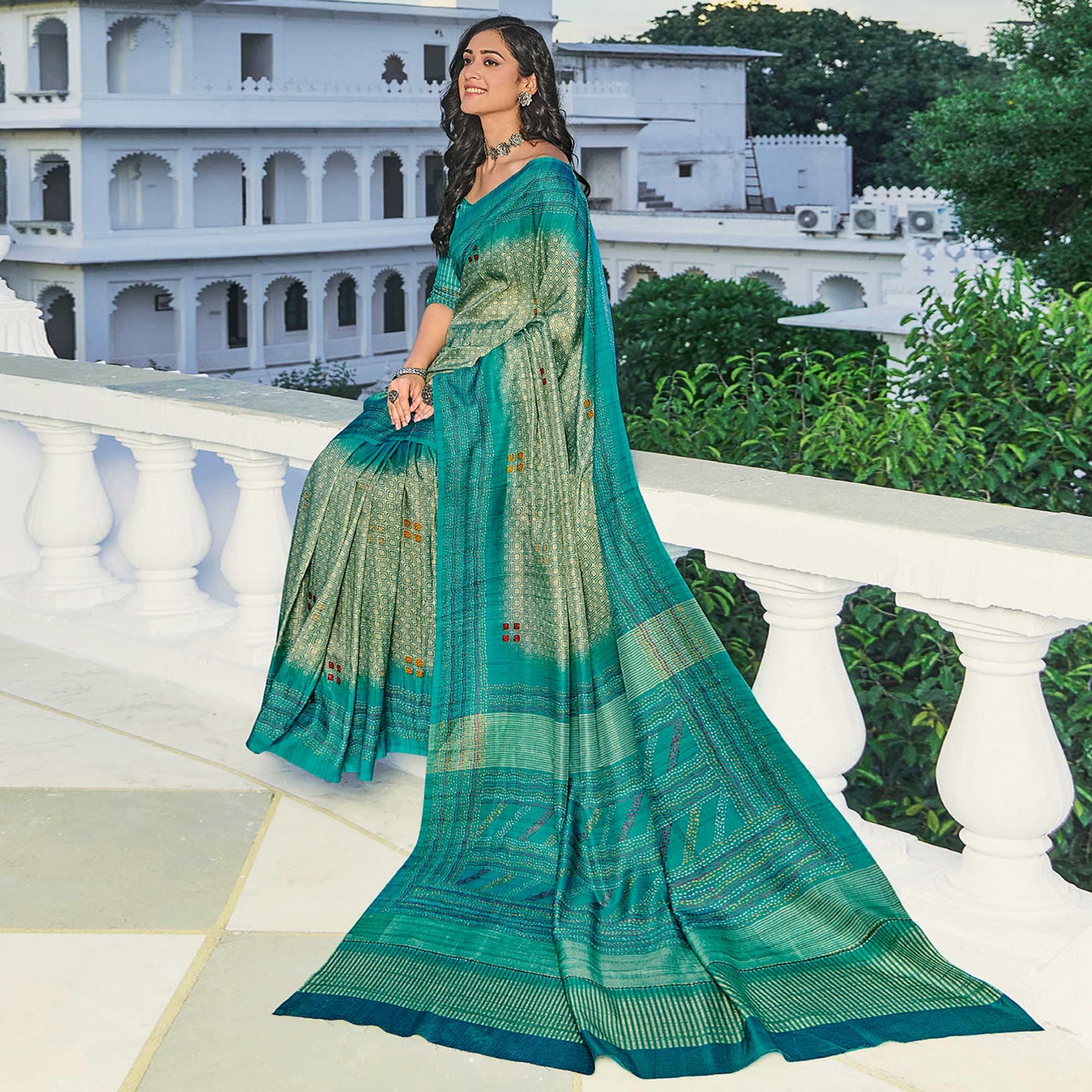 Turquoise Printed Cotton Silk Saree - Peachmode
