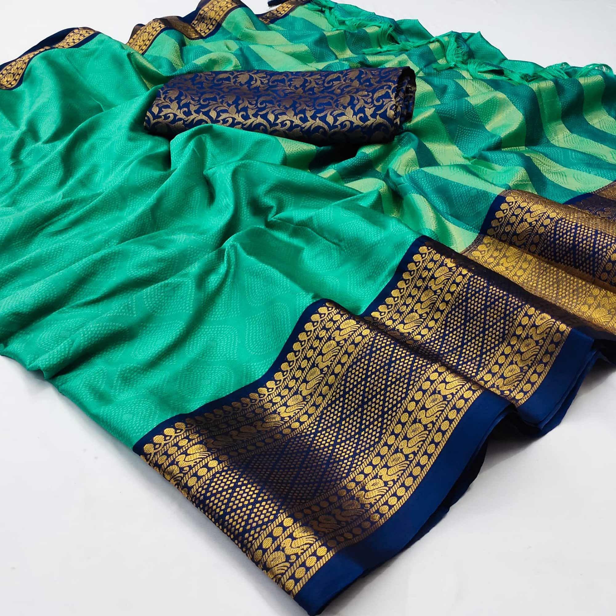 Turquoise Printed Cotton Silk Saree - Peachmode