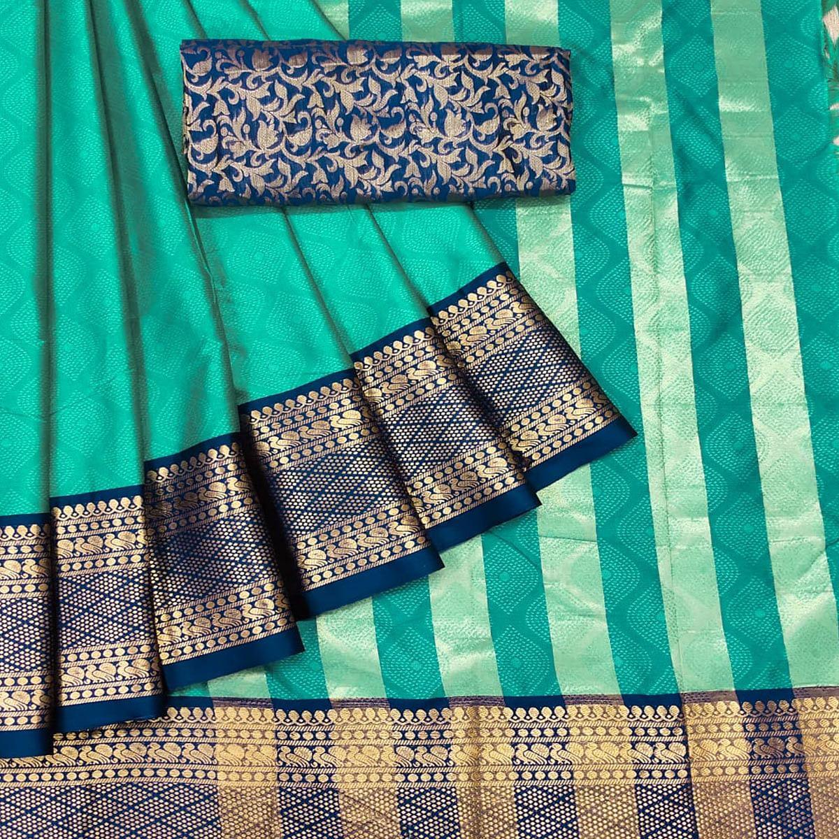 Turquoise Printed Cotton Silk Saree - Peachmode