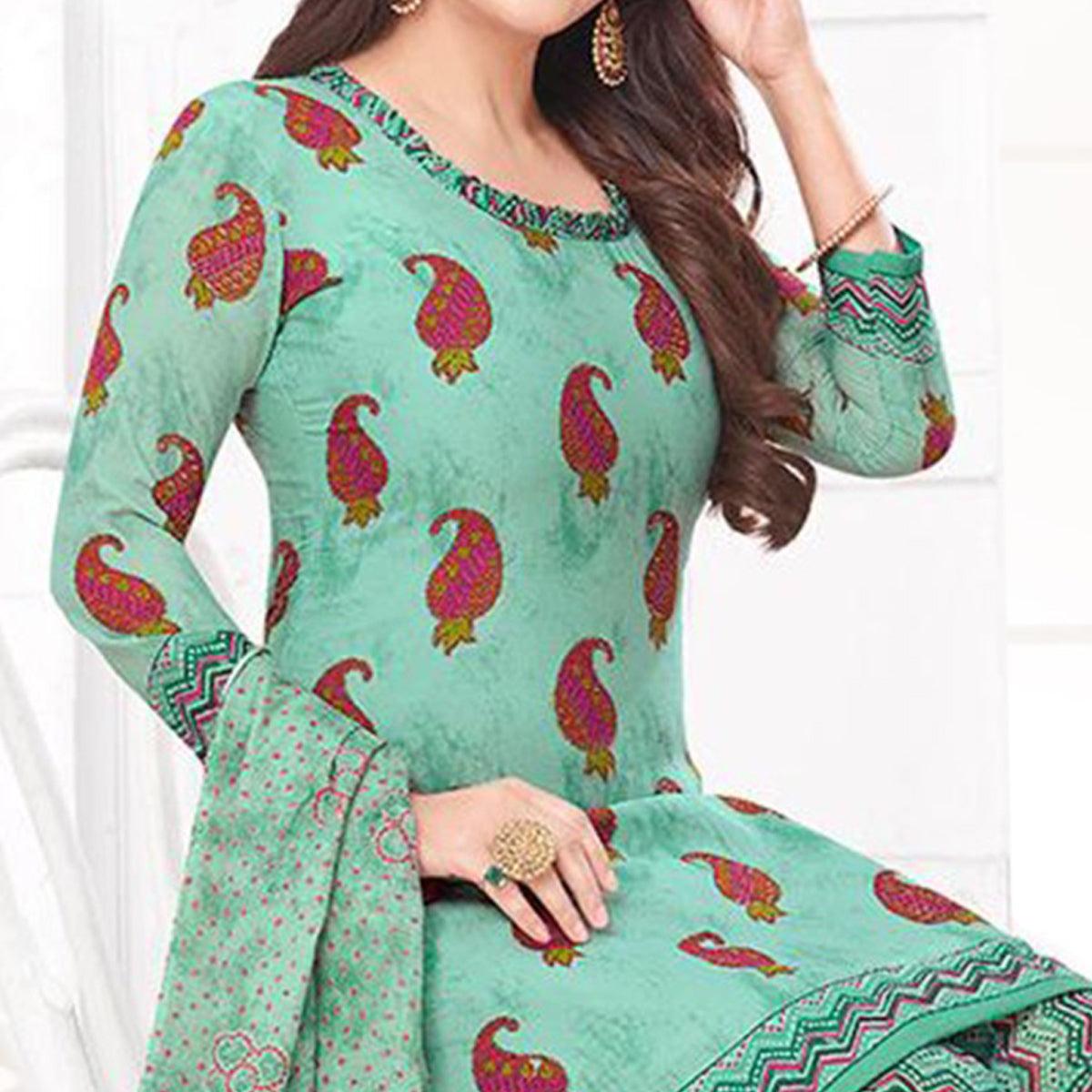 Turquoise Printed Crepe Patiala Dress Material - Peachmode