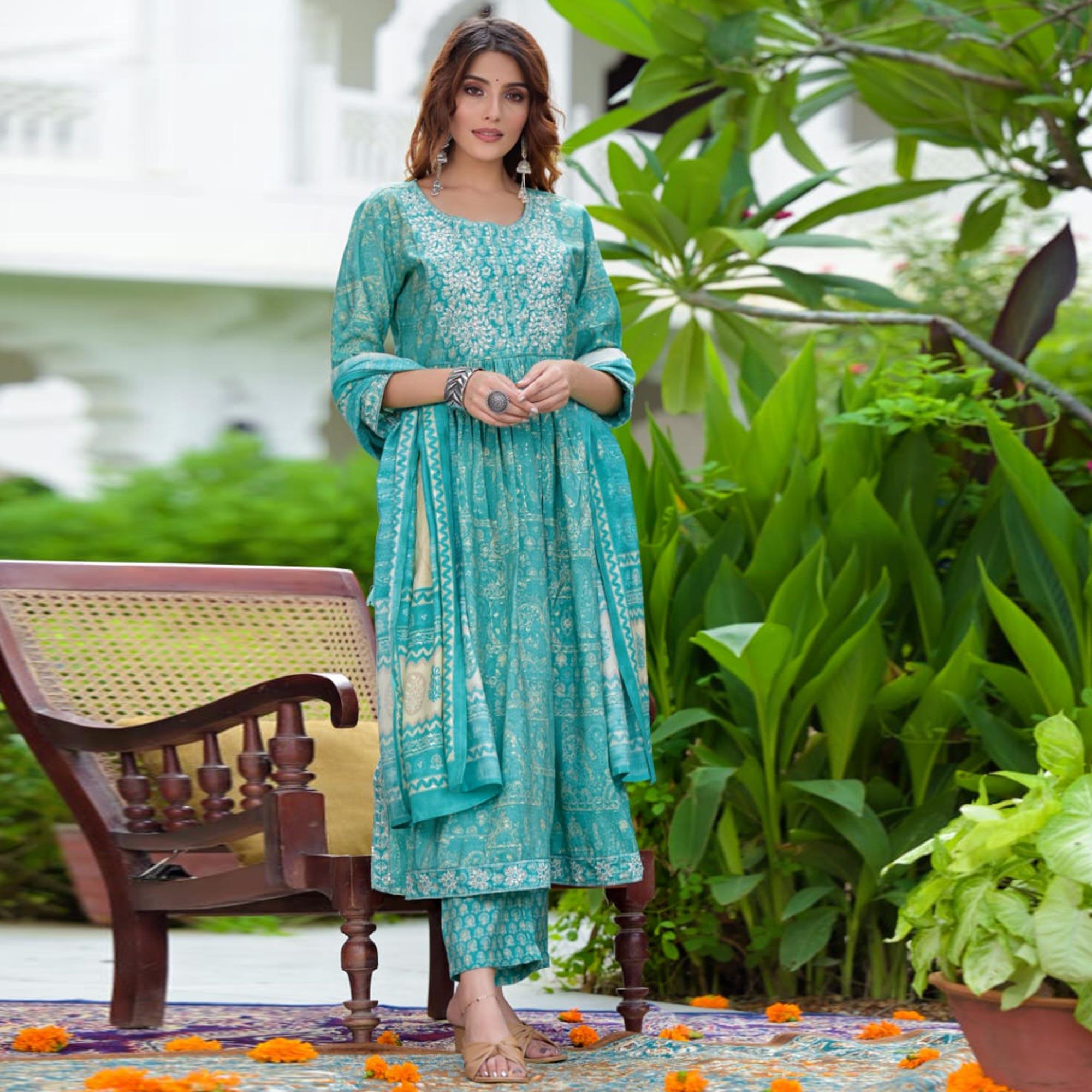 Turquoise Printed-Embroidered Muslin Anarkali Suit - Peachmode