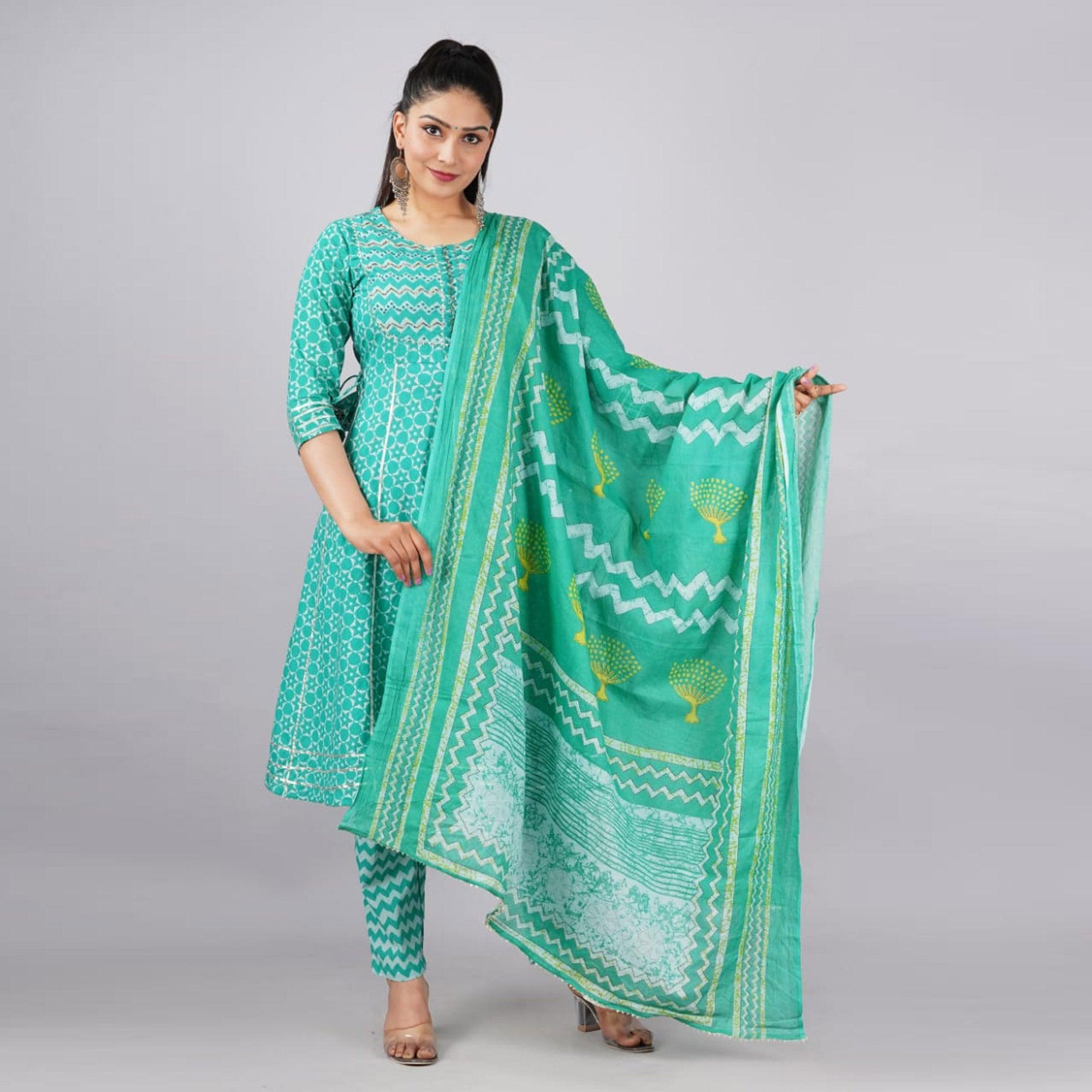 Turquoise Printed Poly Cotton Kurti Pant Set With Dupatta - Peachmode