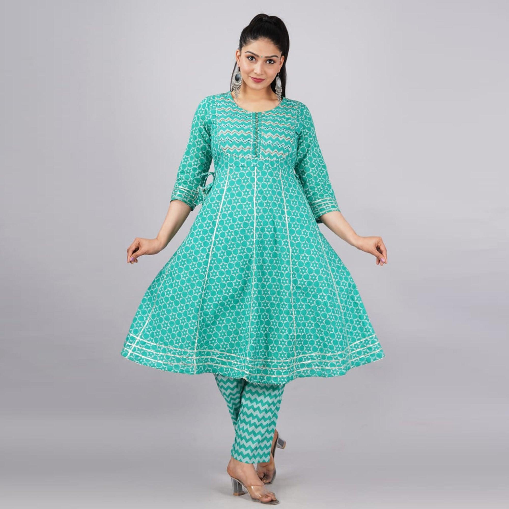 Turquoise Printed Poly Cotton Kurti Pant Set With Dupatta - Peachmode