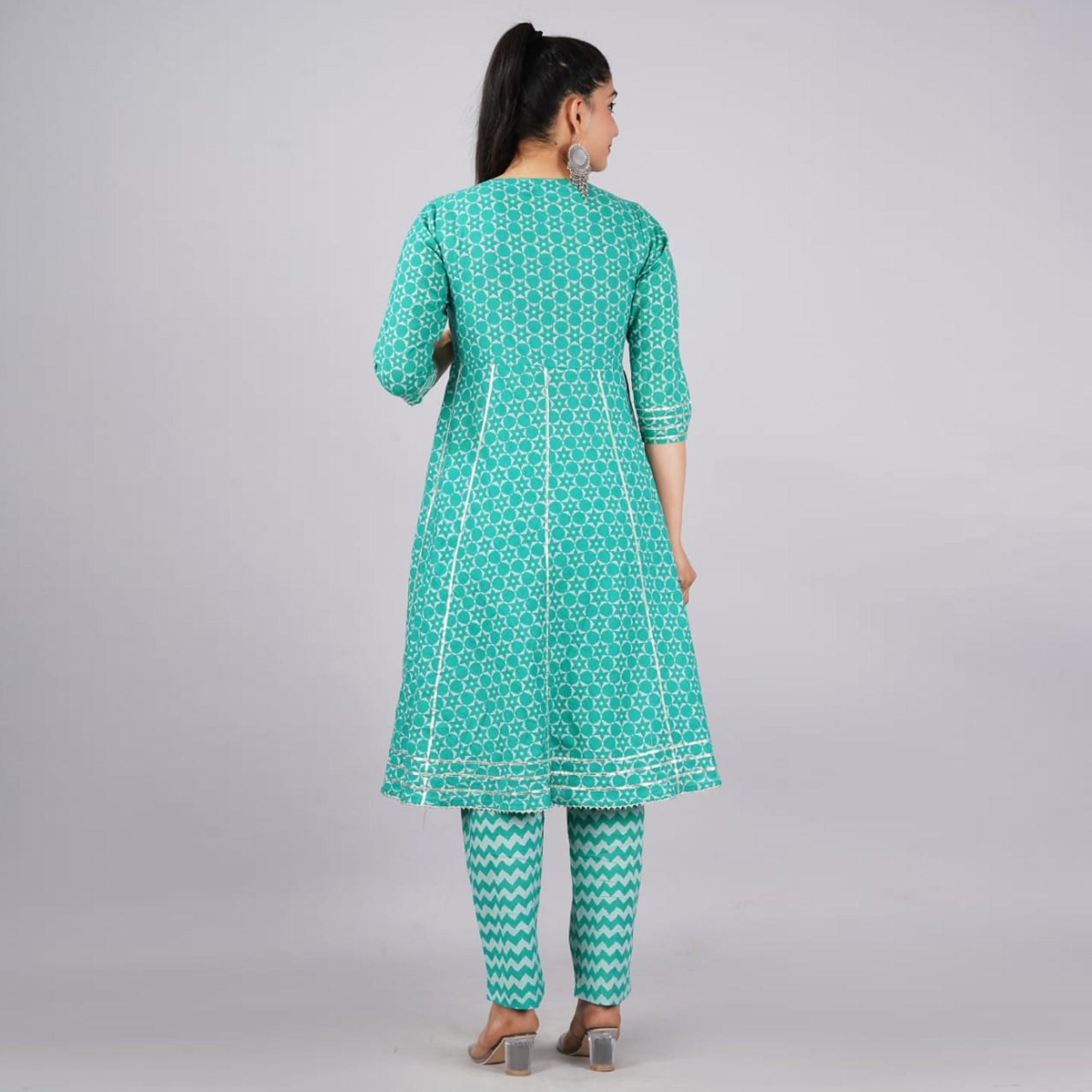 Turquoise Printed Poly Cotton Kurti Pant Set With Dupatta - Peachmode