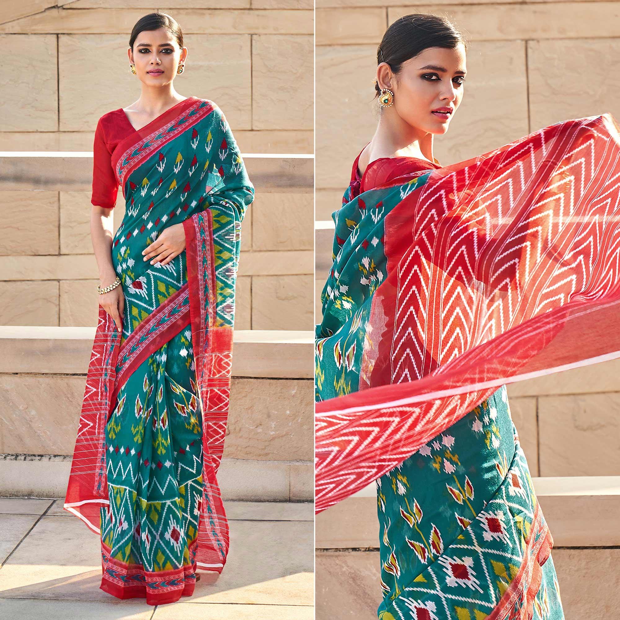 Turquoise Printed Poly Cotton Saree - Peachmode